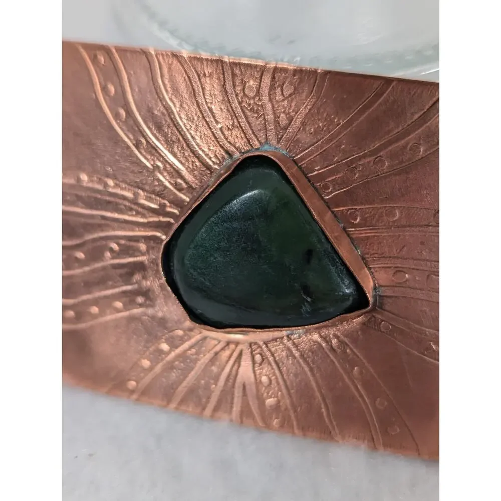 Vtge Hand etched Copper belt buckle with Jade 27/8